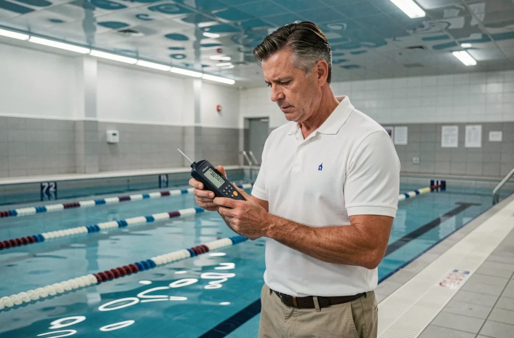 Homme mesurant le pH de l'eau d'une piscine intérieure avec un pH-mètre numérique