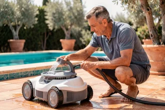 Homme nettoyant un robot de piscine avec un tuyau d'arrosage sur une terrasse en carrelage après la saison estivale