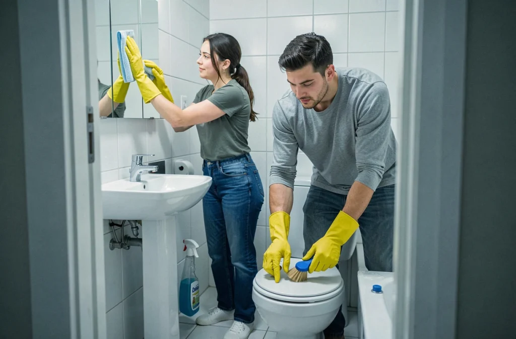 Couple en train de nettoyer la salle de bain de leur ancien appartement vide avant la remise des clés au propriétaire