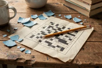 Vue en plongée d'une grille de mots croisés posée sur une table en bois, entourée de nuanciers bleus et d'un crayon