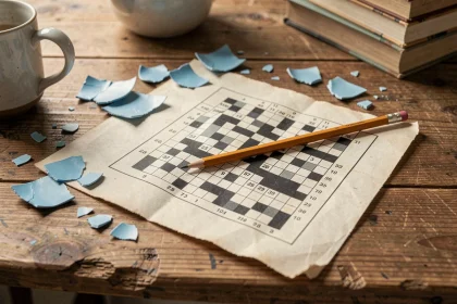 Vue en plongée d'une grille de mots croisés posée sur une table en bois, entourée de nuanciers bleus et d'un crayon