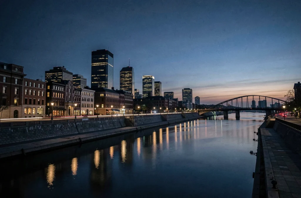Panorama urbain au crépuscule avec un ciel bleu nuit profond se reflétant dans une rivière, silhouettes de ponts au loin