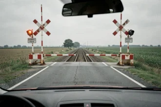 Passage à niveau avec barrières abaissées sur une route rurale française, signalisation réglementaire visible