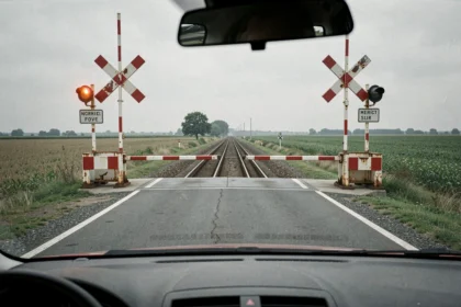 Passage à niveau avec barrières abaissées sur une route rurale française, signalisation réglementaire visible