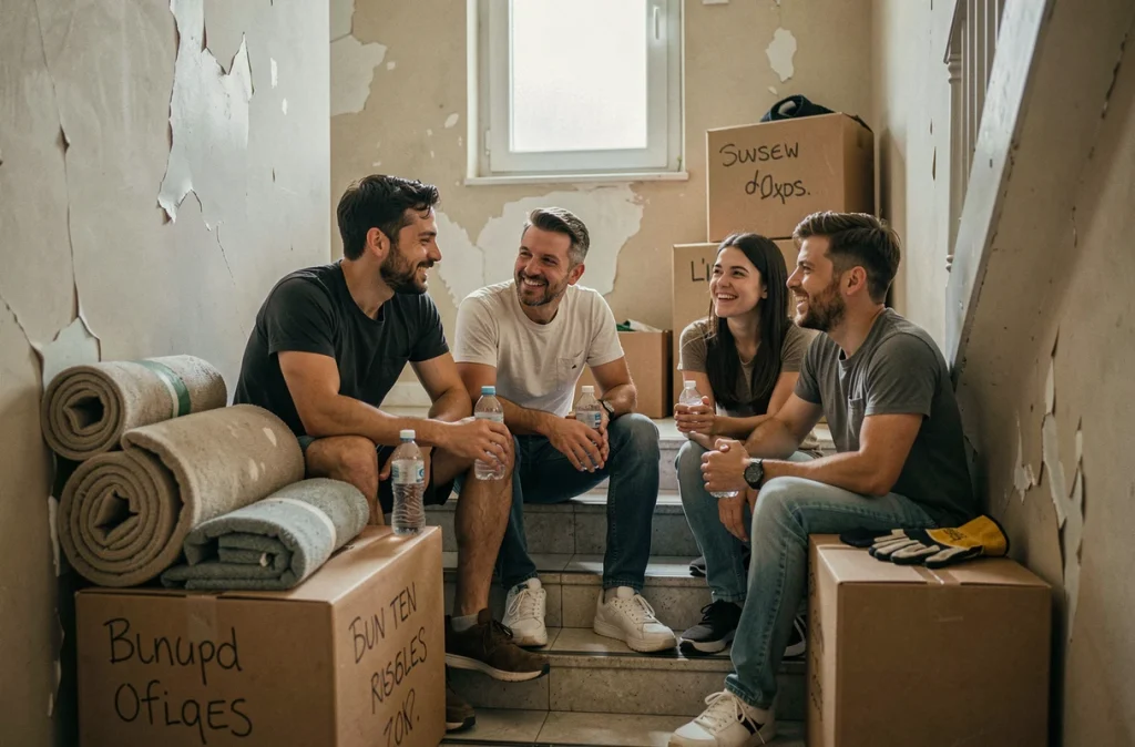 Groupe de trois déménageurs se reposant sur un palier d'escalier entouré de cartons et de meubles emballés