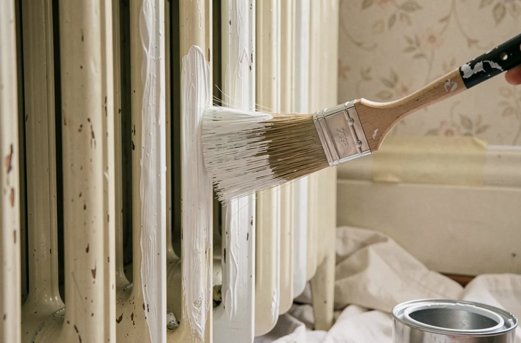 Gros plan sur l'application de peinture glycéro blanche au pinceau sur un radiateur en acier ancien sans ponçage, avec ruban de masquage et bâche de protection