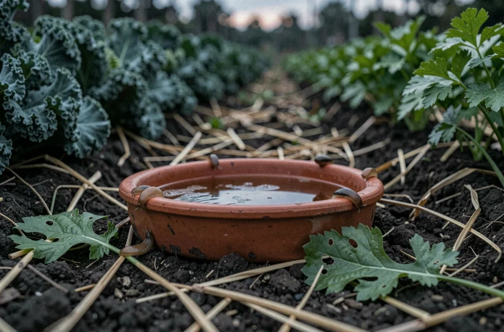 Piège à bière artisanal dans un potager pour capturer les limaces sans recourir à des pesticides chimiques