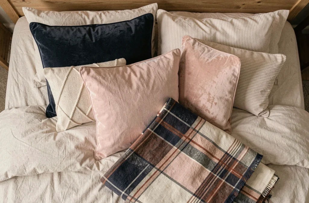 Vue du dessus d'un lit avec des coussins et un plaid coordonnés en bleu marine, rose poudré et crème pour une décoration harmonieuse