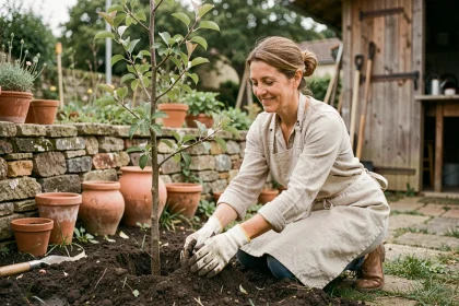 Femme plantant un jeune arbre fruitier dans un jardin rural avec des outils de jardinage et un sol riche