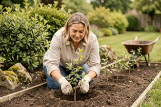 Femme plantant une haie naturelle de hawthorn dans un jardin résidentiel au printemps pour favoriser la biodiversité