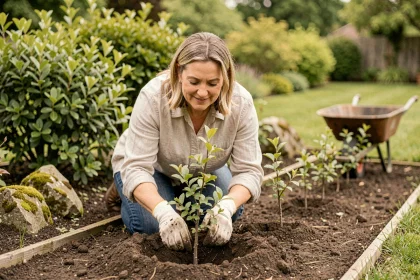 Femme plantant une haie naturelle de hawthorn dans un jardin résidentiel au printemps pour favoriser la biodiversité