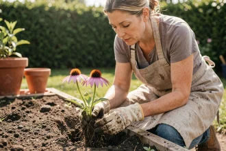 Femme qui plante une échinacée pourpre dans un massif de fleurs vivaces en été, les mains dans la terre du jardin