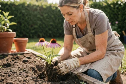 Femme qui plante une échinacée pourpre dans un massif de fleurs vivaces en été, les mains dans la terre du jardin