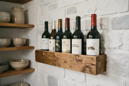 Porte bouteille mural en bois rustique fixé sur un mur en pierre blanche dans une cuisine chaleureuse
