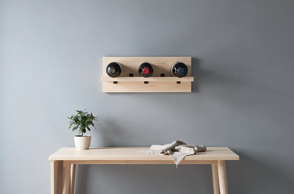 Porte bouteille mural en bois design scandinave minimaliste dans une salle à manger moderne