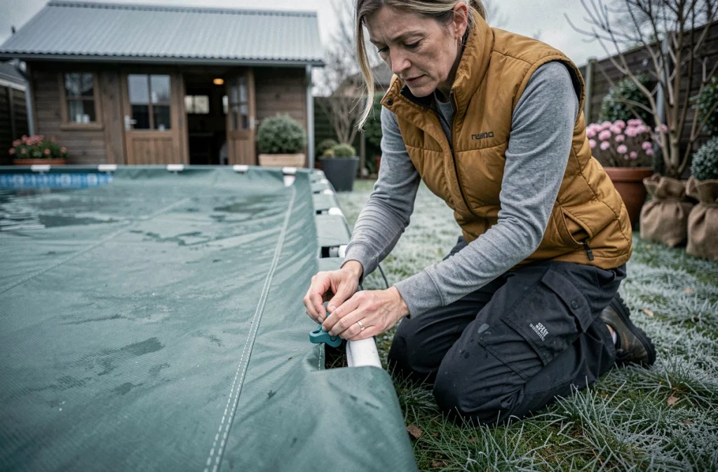 Femme fixant les bords d'une bâche hivernage verte sur une piscine hors-sol avec des attaches plastiques dans un jardin de banlieue