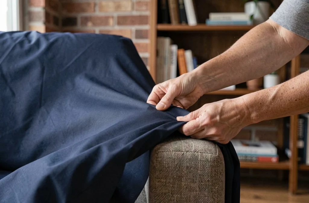 Femme ajustant une housse extensible bleu marine en polyester-élasthanne sur un fauteuil moderne, gros plan sur les mains et le tissu résistant