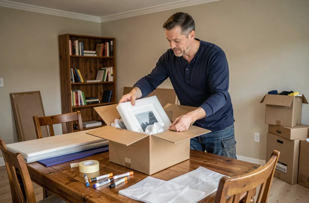 Homme plaçant un cadre protégé dans un carton rembourré lors d'un changement d'adresse à domicile