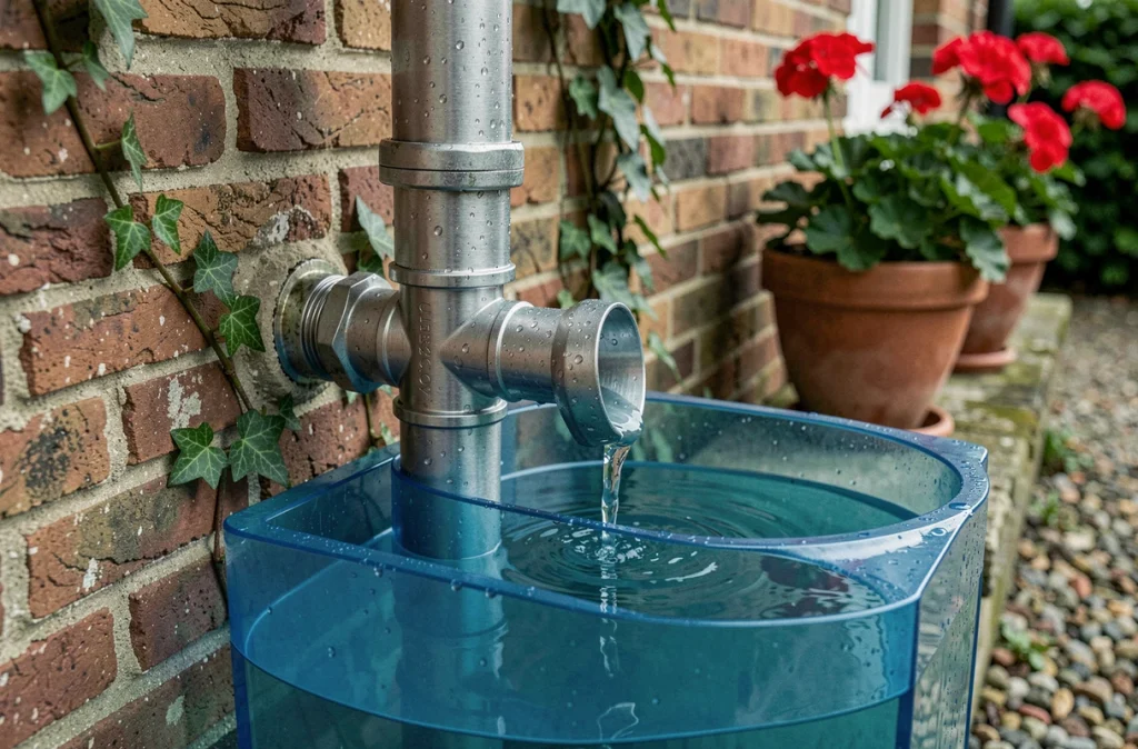Gros plan sur un récupérateur d'eau de pluie connecté à une gouttière avec un robinet de dérivation en acier inoxydable