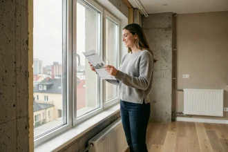 Femme examinant une fenêtre à triple vitrage dans un appartement rénové de grande ville, symbole d'amélioration énergétique pour les locataires urbains