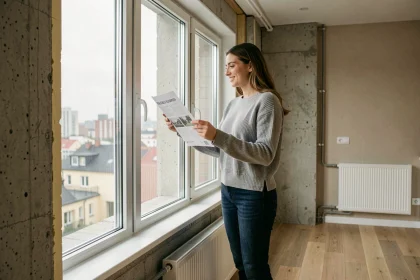 Femme examinant une fenêtre à triple vitrage dans un appartement rénové de grande ville, symbole d'amélioration énergétique pour les locataires urbains
