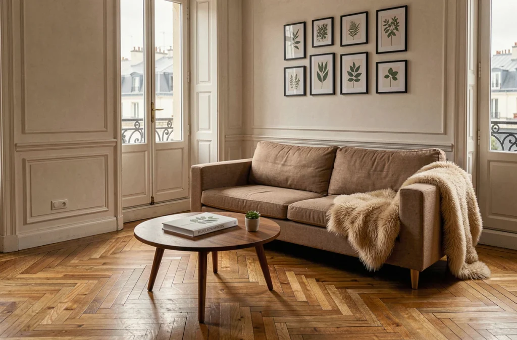 Salon d'un appartement haussmannien réaménagé avec soin grâce au home staging