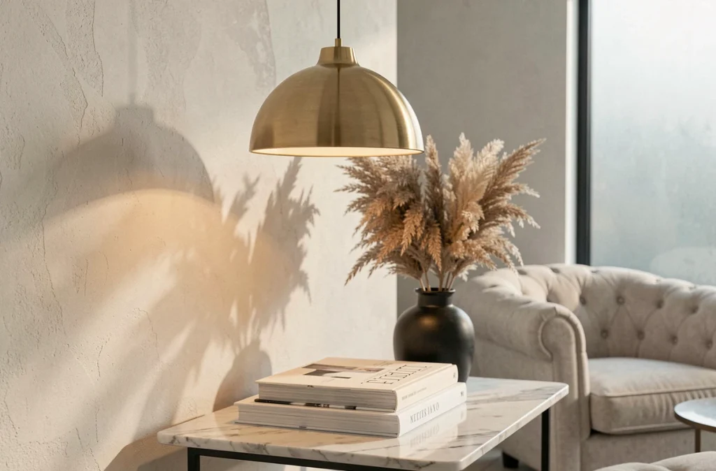 Lampe suspension en laiton brossé au-dessus d'une table en marbre dans un salon minimaliste élégant