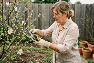 Femme qui taille un arbuste fleuri au printemps avec un sécateur professionnel dans un jardin résidentiel