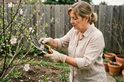 Femme qui taille un arbuste fleuri au printemps avec un sécateur professionnel dans un jardin résidentiel