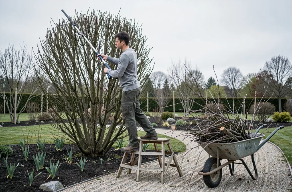 Jeune homme taillant un grand arbuste ornemental avec un ébrancheur à long manche dans un jardin de printemps