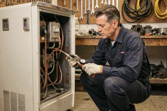 Technicien en réparation examinant le circuit de gaz réfrigérant d'un vieux réfrigérateur dans un atelier