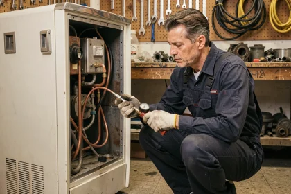 Technicien en réparation examinant le circuit de gaz réfrigérant d'un vieux réfrigérateur dans un atelier