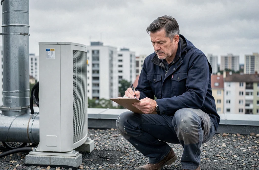 Technicien en rénovation énergétique inspectant une pompe à chaleur sur le toit d'un immeuble urbain, représentant les métiers de la transition énergétique dans les grandes villes