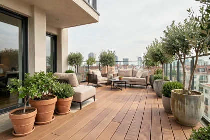 Terrasse privée en bois avec mobilier d'extérieur et vue sur la ville, illustrant l'impact des espaces extérieurs sur le prix immobilier