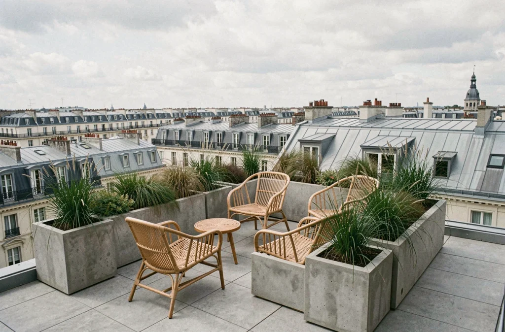 Terrasse sur toit d'un immeuble parisien avec vue panoramique sur les toits haussmanniens, illustrant l'impact des espaces extérieurs sur la valeur immobilière