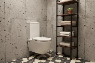 Toilette suspendu design industriel avec mur en béton brut et étagères en acier noir dans une salle de bain moderne
