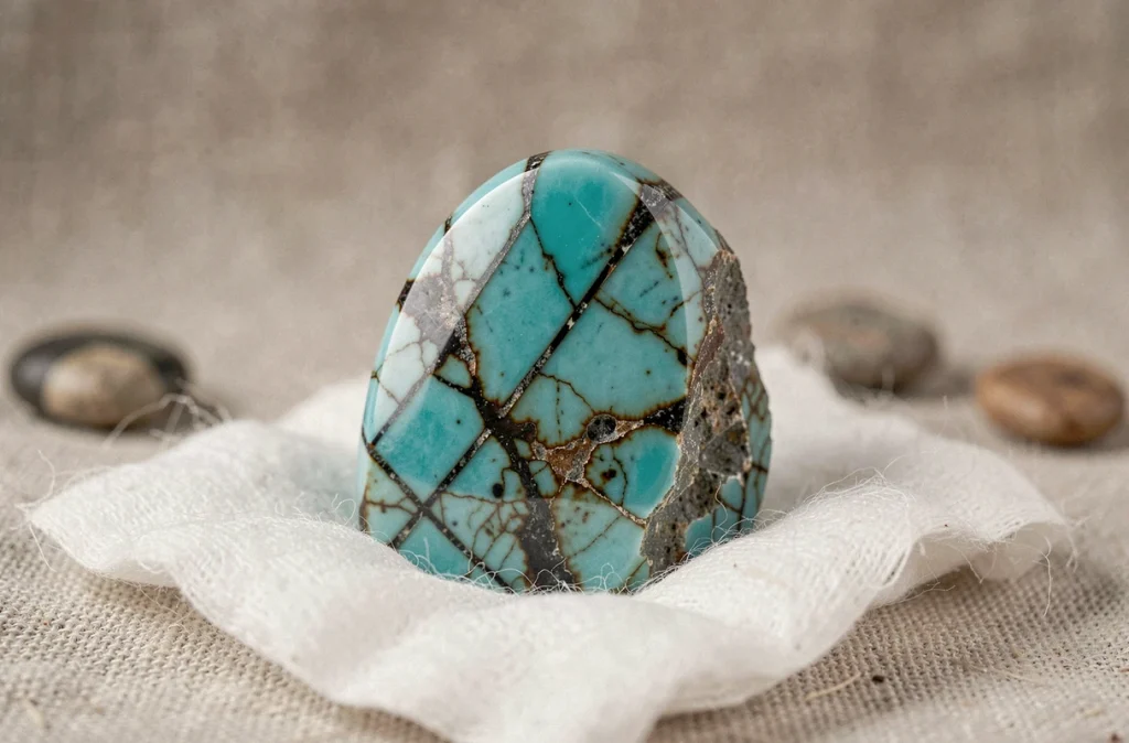 Gros plan d'une pierre de turquoise naturelle posée sur tissu blanc, montrant ses nuances bleu-vert caractéristiques