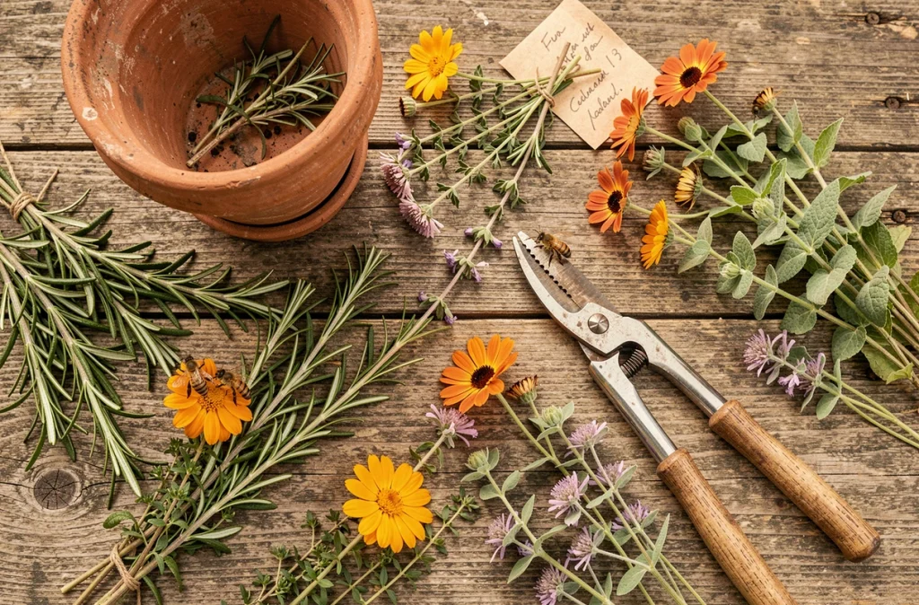 Vue du dessus de plantes mellifères fraîchement coupées sur une table de jardin en bois avec des abeilles