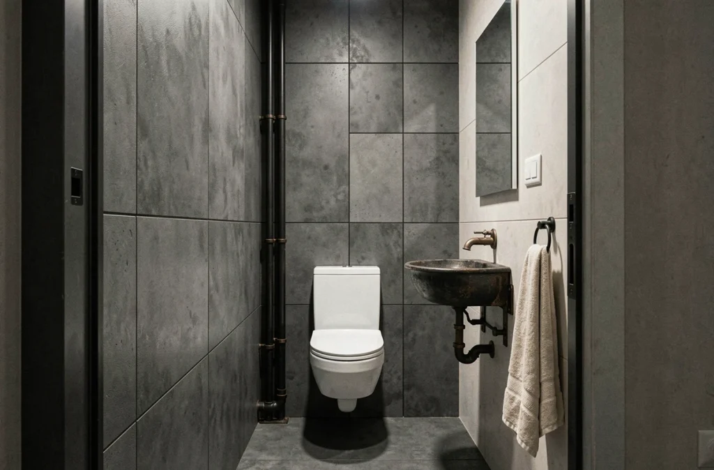 Vue d'ensemble d'un toilette suspendu industriel avec dalles en béton gris, tuyauterie en fer noir et vasque en fonte dans un WC compact