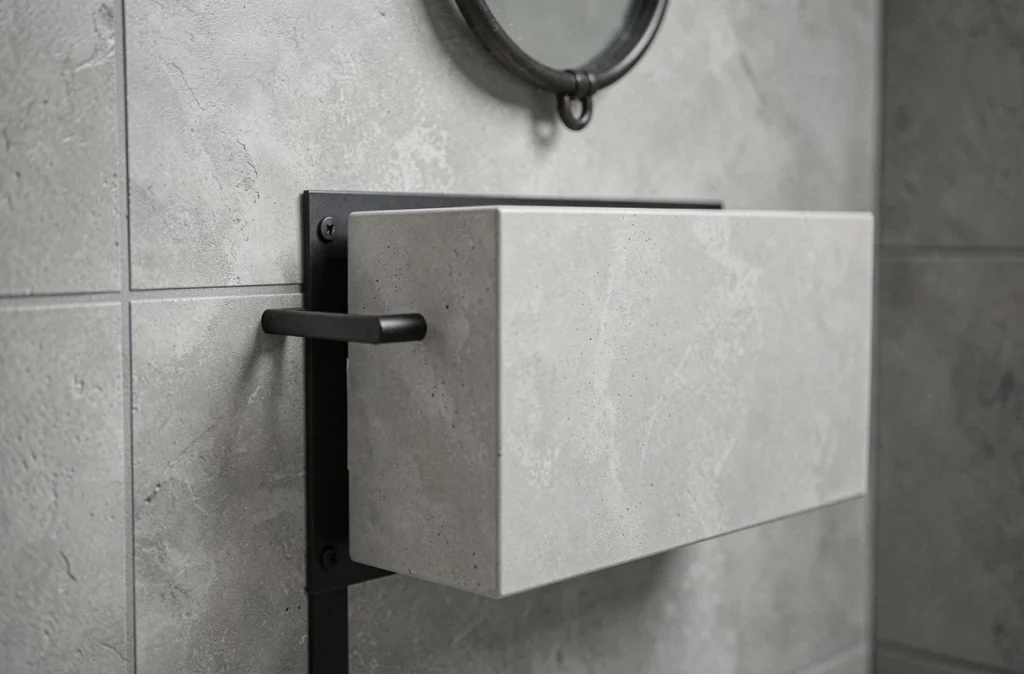 Gros plan sur un WC suspendu en porcelaine effet béton avec cadre métallique et panneau en micro-ciment style industriel