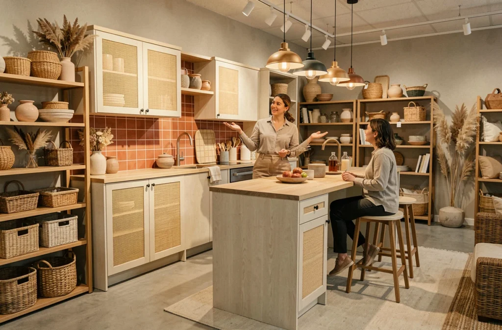 Area Decoration à Poitiers, espace cuisine intégré dans un showroom de décoration intérieure lifestyle