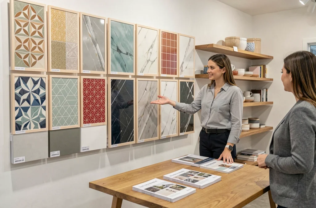 Showroom Credence-cuisine-deco.com présentant un mur de carrelages et crédences décoratives pour cuisine