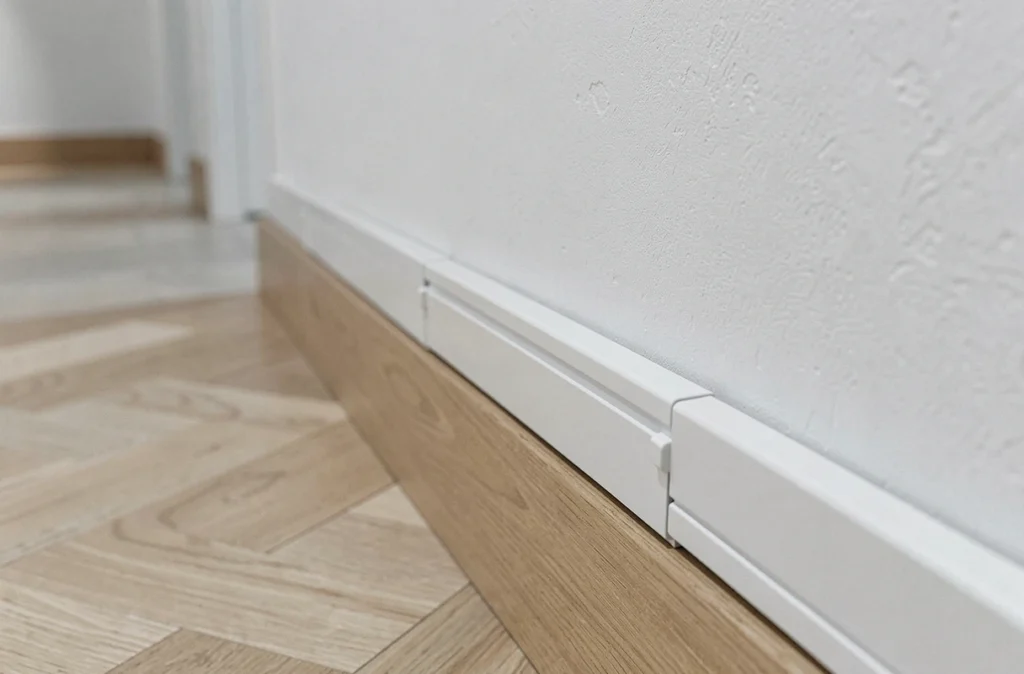Goulotte en plastique blanc installée proprement à la jonction mur et plinthe dans un couloir contemporain