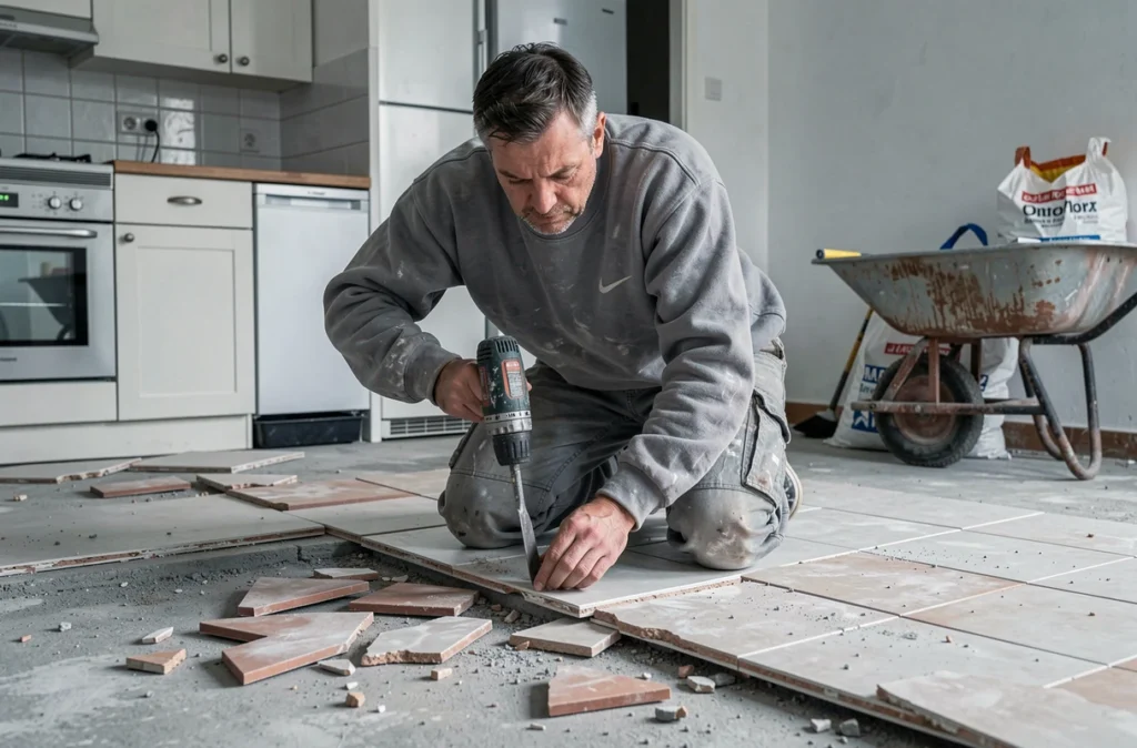 Technicien DSK Rénovation en train de déposer un ancien carrelage dans une cuisine à Vitry-sur-Seine