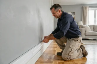 Électricien installant une goulotte en plastique blanc sur un mur gris dans un salon moderne