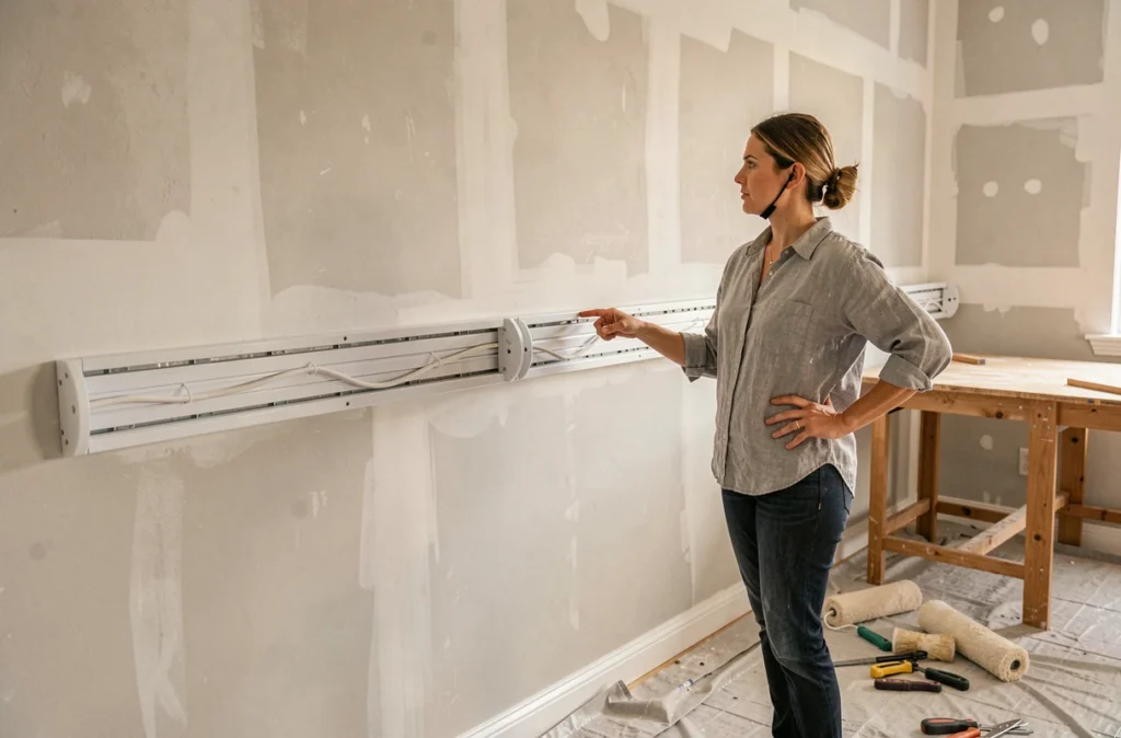 Femme inspectant une goulotte en plastique posée sur un mur en cours de rénovation dans un bureau à domicile