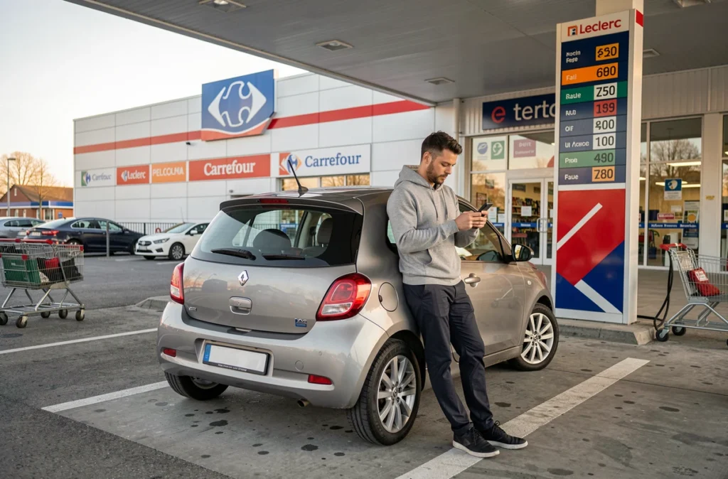 Homme comparant les prix du carburant sur son téléphone devant la station-service d'un hypermarché