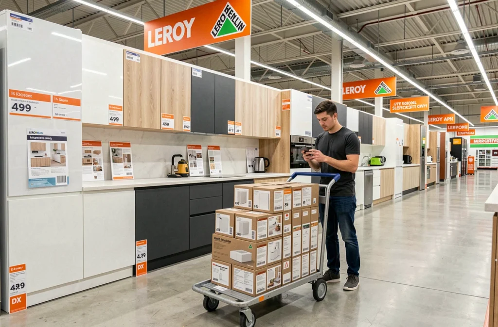 Rayon cuisine de Leroy Merlin à Poitiers avec exposition de modèles en libre-service et client en train de choisir