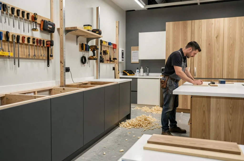M CIA cuisiniste à Poitiers, artisan menuisier installant une cuisine sur mesure en chêne et anthracite