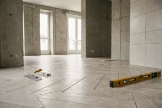 Chantier de carrelage professionnel dans un appartement moderne du Val-de-Marne, outils et carreaux posés avec précision